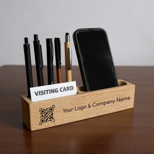 3-in-1 Wooden Desk Organizer – Mobile, Pen & Visiting Card Holder