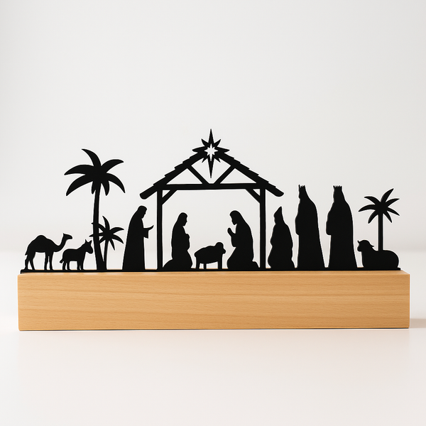 Classic Nativity Scene Silhouette – Black Acrylic & Wooden Base