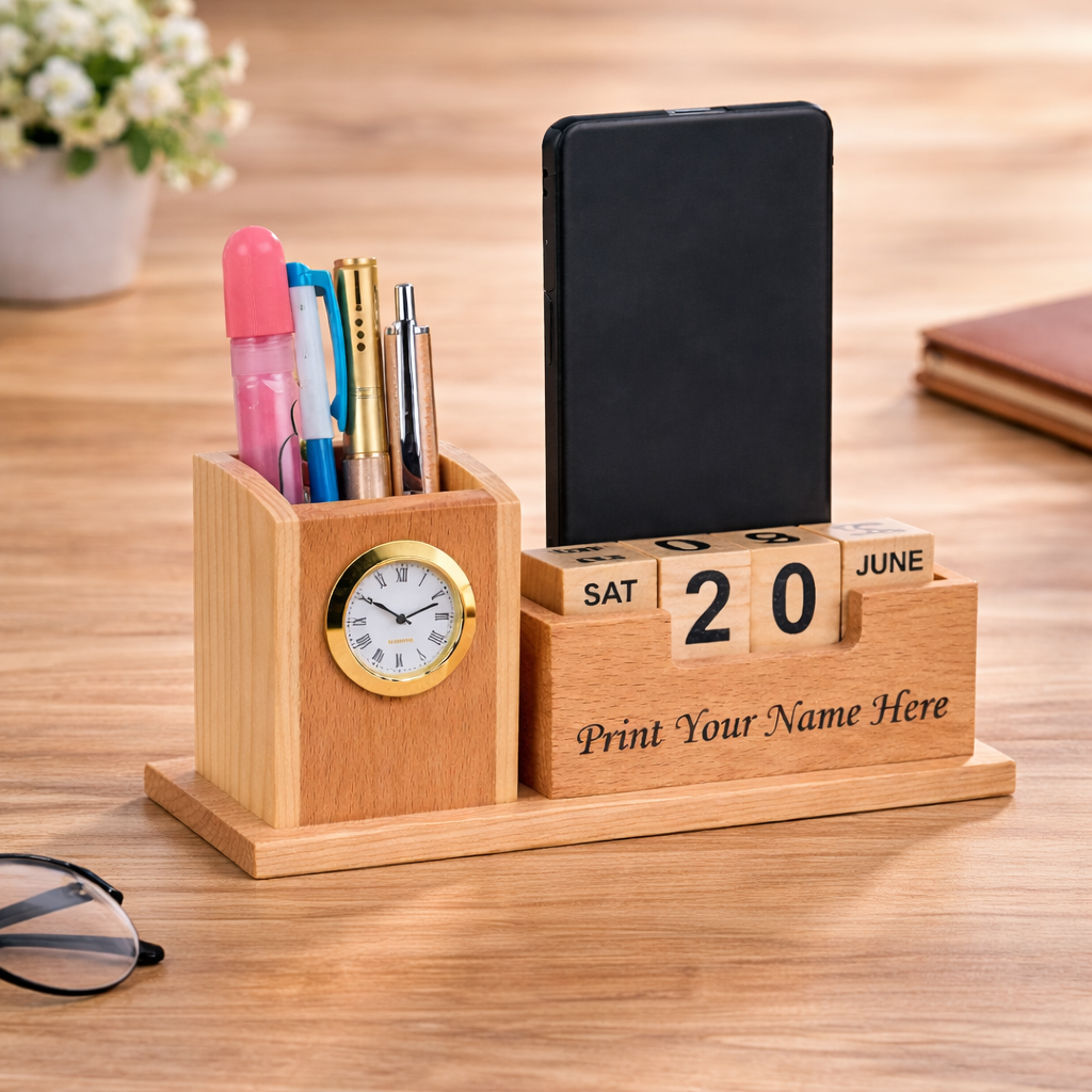 Personalised Wooden Desk Organiser with Clock & Perpetual Calendar ...