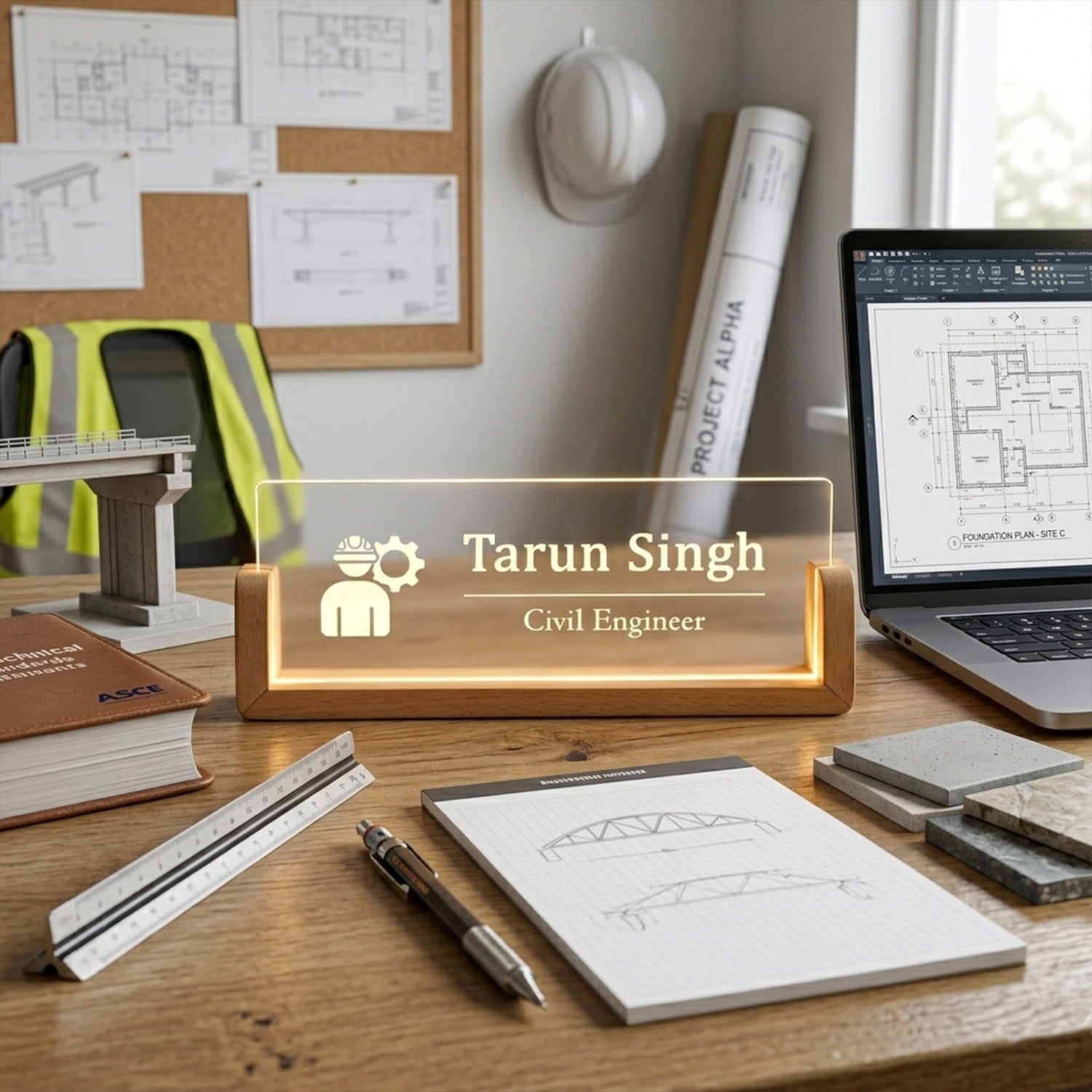 Civil Engineer Desk Name Plate With LED Light – ChitraChaya