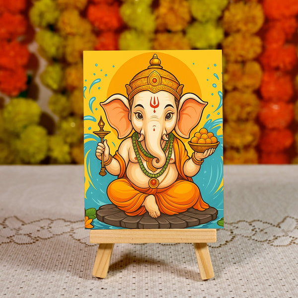 Cute Ganpati Wood Print With Easel Stand
