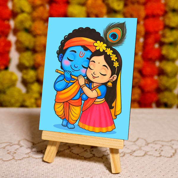 Cute Radha Krishna Wood Print with Easel Stand
