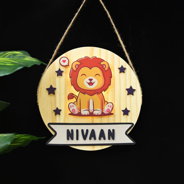 Kids Circular Lion Theme 3D Name Plate with Lights