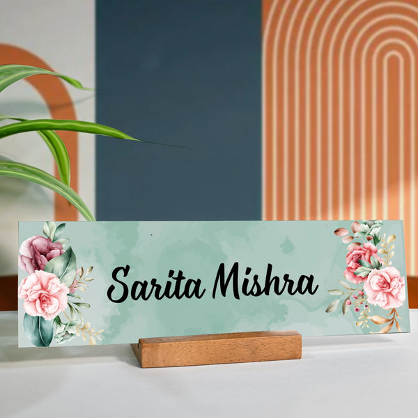 Personalised Acrylic floret Desk Name Plate With Wooden Base