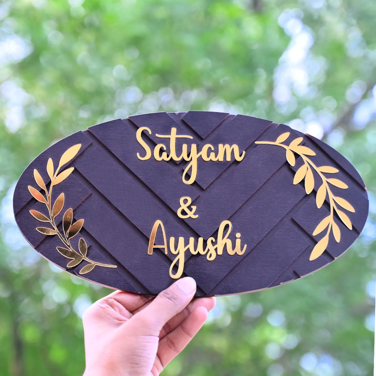 Premium Black 3D Wooden Oval Name Plate – ChitraChaya