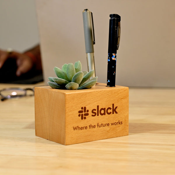 Personalised Beechwood Tabletop Gift with Pen & Plant Holder