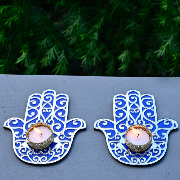 Hamsa Hand Wooden with T-lights Set of 2 | Diwali Gifting