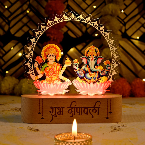 Laxmi Ganesh Acrylic Rechargeable LED Lamp with Wooden Base