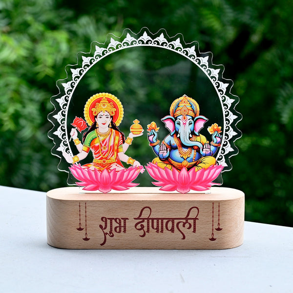 Laxmi Ganesh Acrylic Rechargeable LED Lamp with Wooden Base | Diwali Gifting