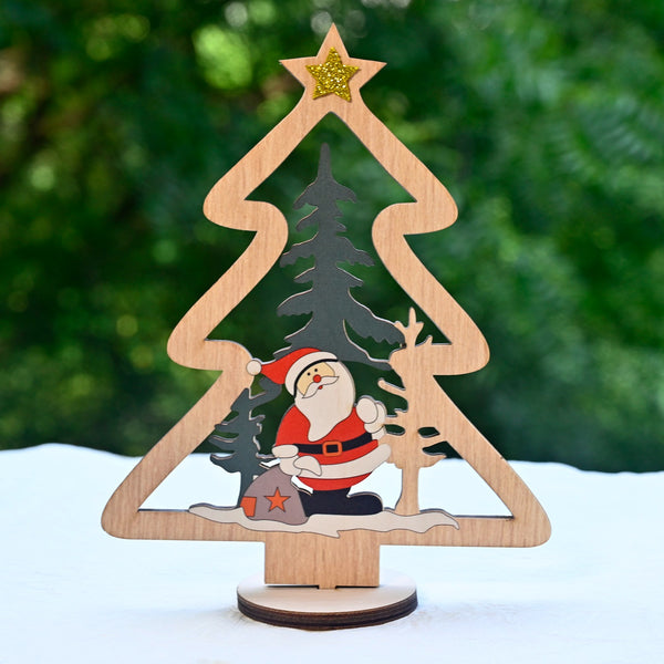 Wooden Christmas Table Decor – Santa & Tree Scene