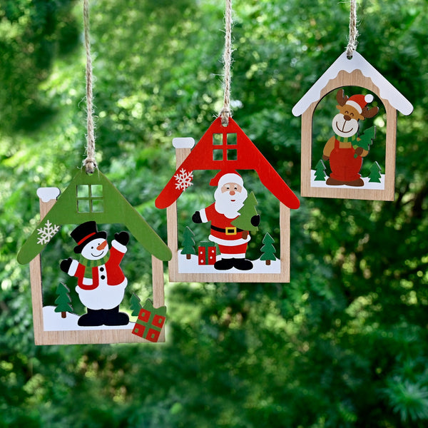 Wooden Christmas Ornaments – Set of 3 House-Shaped Designs