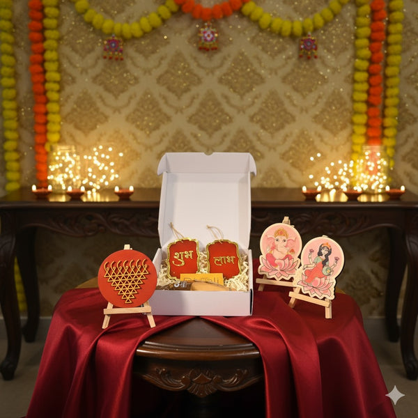 Premium Diwali Hamper | Ganesh Laxmi Easel, Subh Labh, Sarasvati Yantra & Chocolate Cashews