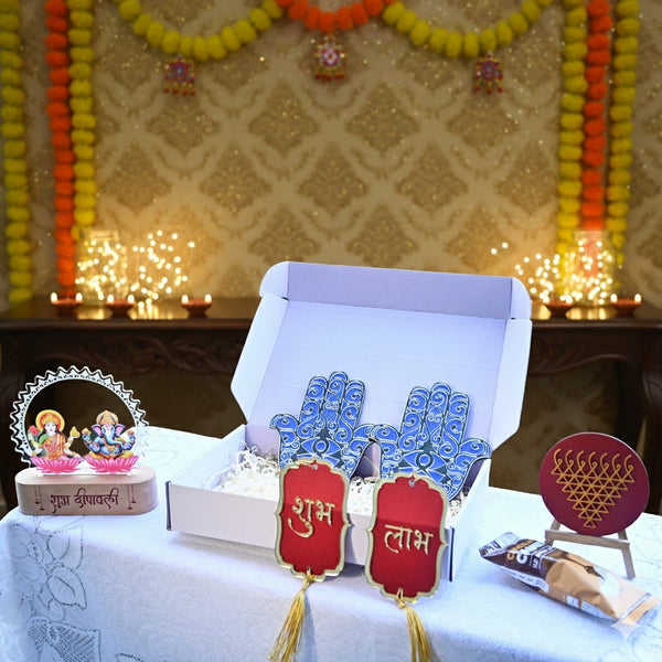 Luxury Diwali Hamper | LED Laxmi Ganesh Lamp, Subh Labh, Sarasvati Yantra, Hamsa T-Light Holders & Chocolate Cashews