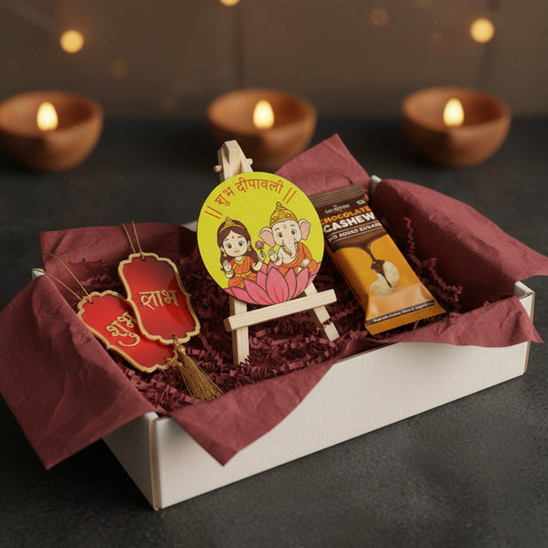 Premium Diwali Hamper | Ganesh Laxmi Easel Print, Subh Labh & Chocolate Cashews