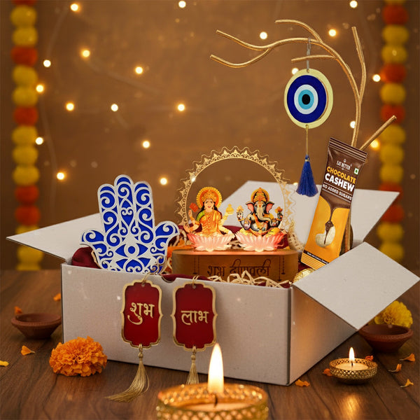 Premium Diwali Hamper | LED Laxmi Ganesh Lamp, Subh Labh, Evil Eye Hanging, Hamsa T-Light Holders & Chocolate Cashews
