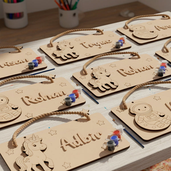 DIY Personalised Name Plate Kit | Kids Birthday Return Gift | MDF with Colours & Brush