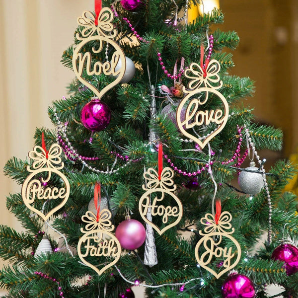 Set of 6 Natural Wooden Christmas Hanging Ornaments – Festive Word Decor