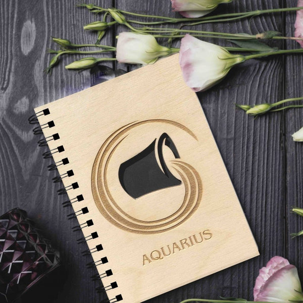 ChitraChaya Zodiac Sign Aquarius Diary Notebook Wooden Cover