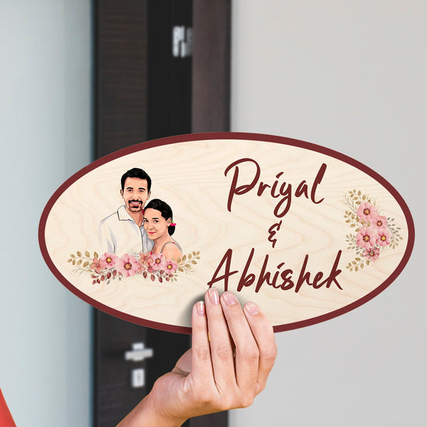Caricature Style Couple Oval Name Plate | COD Not Available