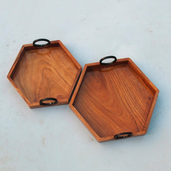 Handcrafted Wooden Hexagon Tray Set of 2