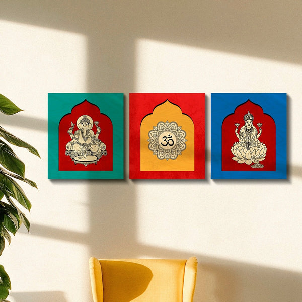Lakshmi Ganesh Om Wooden Wall Art - Set of 3