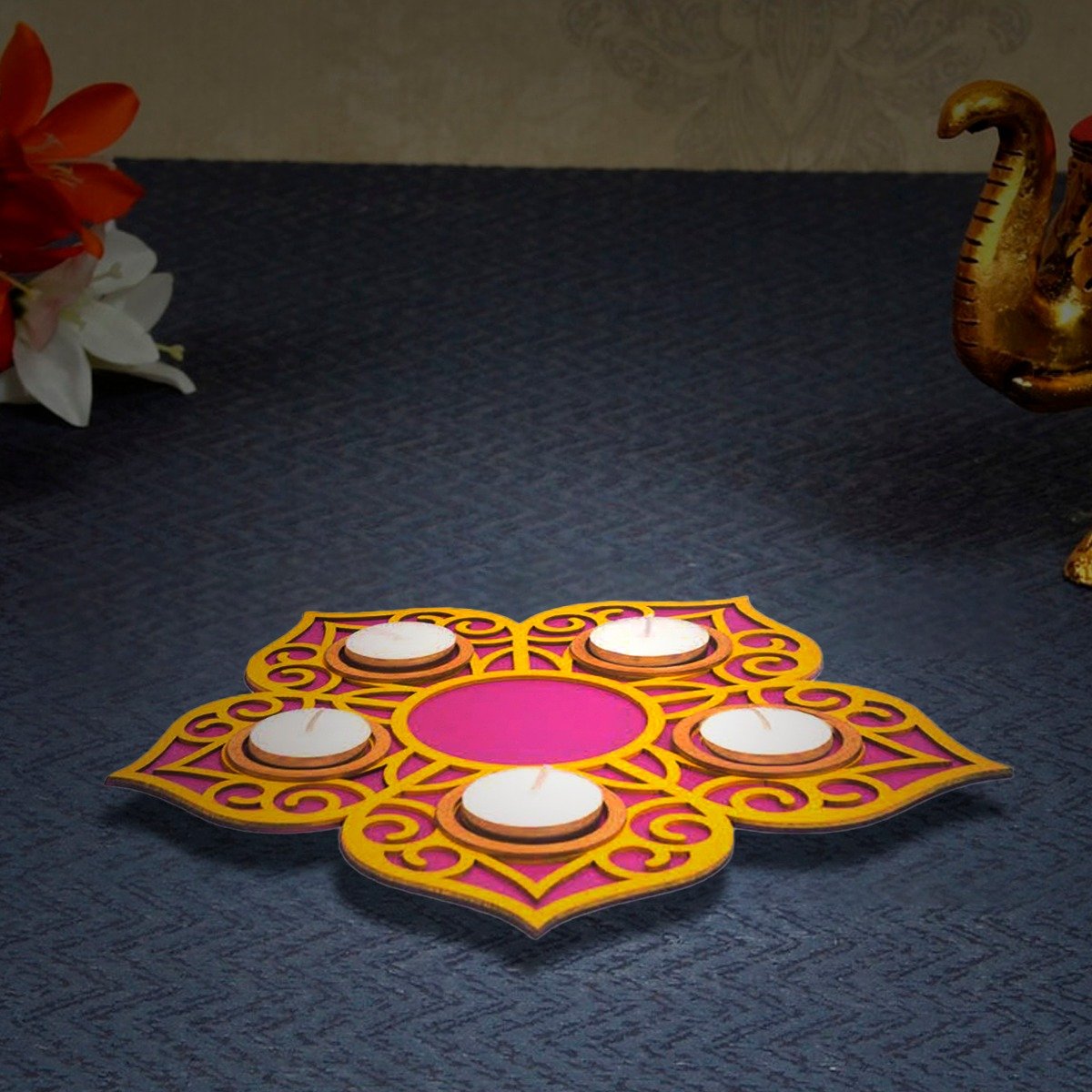 Large Handcrafted Wooden T-Light Holder | Rangoli Pink – ChitraChaya