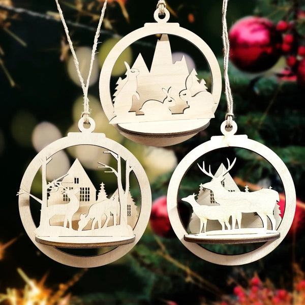 Wooden 3D Christmas Ornaments - Set of 3