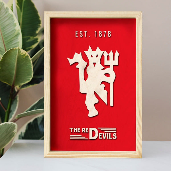 Red Devils Minimalistic Wooden 3D Artwork with Frame